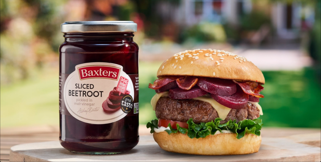 Jar of Baxters Beetroot next to a burger